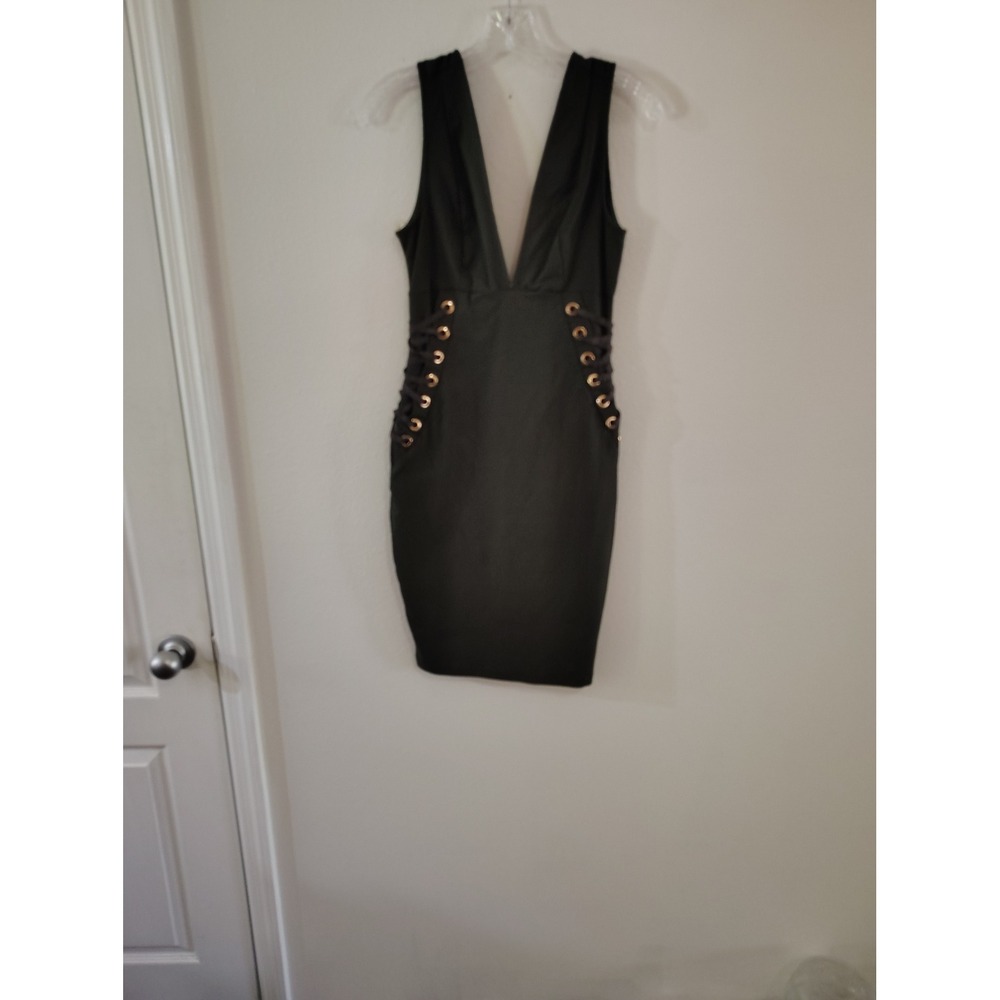 Iris Olive Green Bodycon Dress Deep V-Neck Lace Up Side Gold Zipper Womens Large